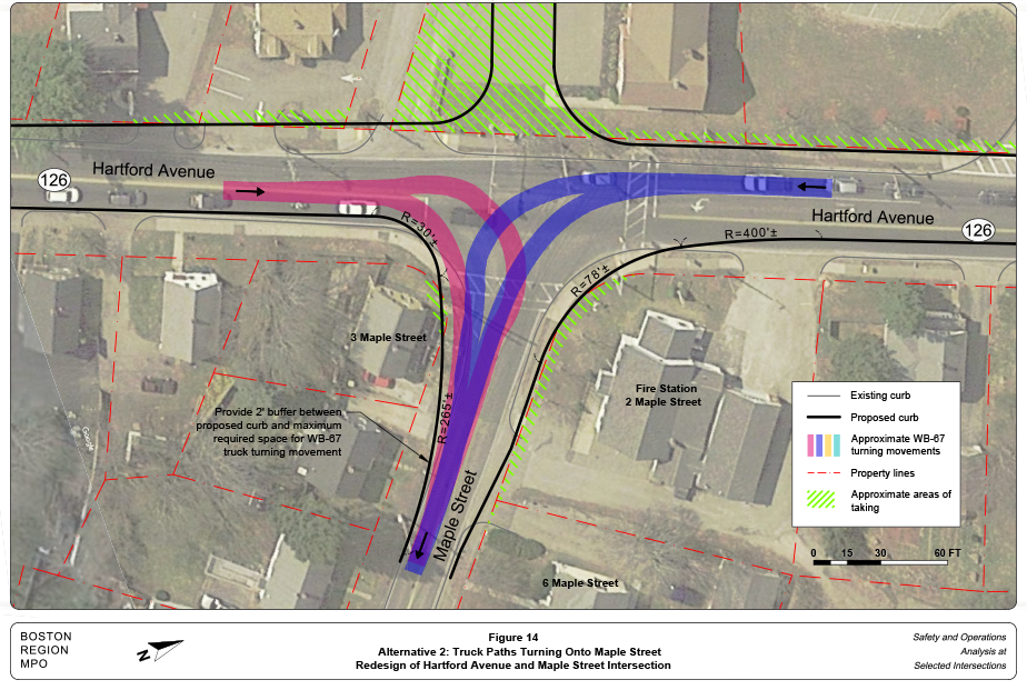 FIGURE 14. Alternative 2: Truck Paths Turning Onto Maple Street
Figure 14 shows how Alternative 2 accommodates the turning movements of a WB-20 semitrailer.
